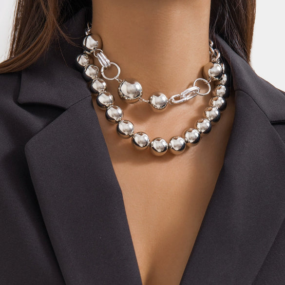 Punk Style Double Layer Round Beaded Necklace With Imitation Pearl Pendant And Ball Chain Geometric Pattern Electroplated For Women