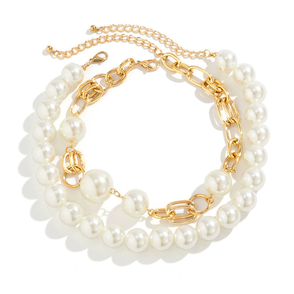Punk Style Double Layer Round Beaded Necklace With Imitation Pearl Pendant And Ball Chain Geometric Pattern Electroplated For Women
