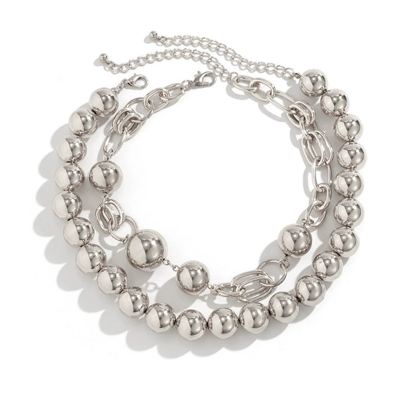 Punk Style Double Layer Round Beaded Necklace With Imitation Pearl Pendant And Ball Chain Geometric Pattern Electroplated For Women