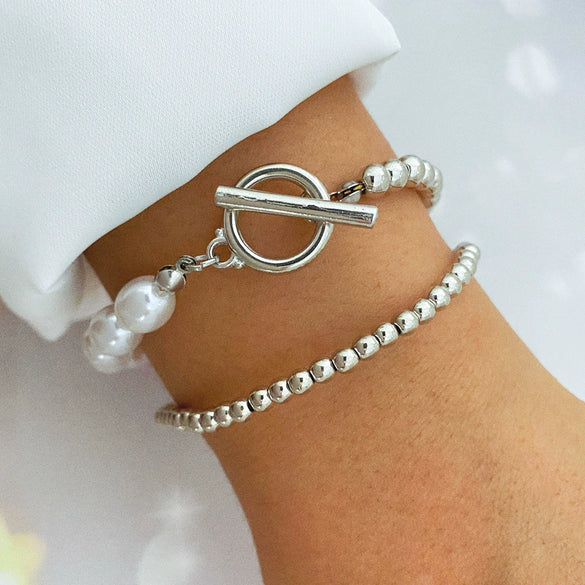 Punk Style Exaggerated Ball Chain Multilayer Bracelet Hiphop Geometric Mixed Material Electroplated Hand Accessories Set