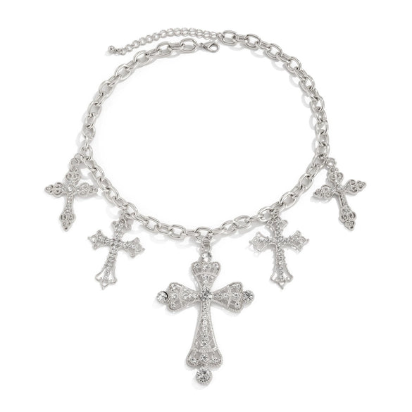 Punk Style Geometric Aluminum Chain Alloy Rhinestone Cross Pendant Necklace With Electroplating For Women
