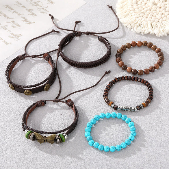 Punk Style Geometric Artificial Leather Handwoven Men's Bracelet Sixpiece Set