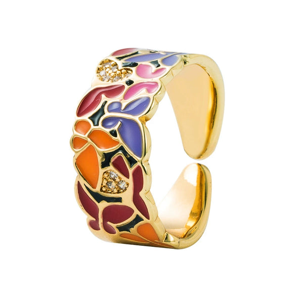 Punk Style Geometric Open Ring With Gold Plated Copper Blue And White Porcelain Pattern And Zircon Detail Adjustable Unisex Jewelry
