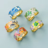 Punk Style Geometric Open Ring With Gold Plated Copper Blue And White Porcelain Pattern And Zircon Detail Adjustable Unisex Jewelry