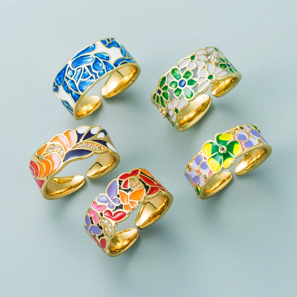 Punk Style Geometric Open Ring With Gold Plated Copper Blue And White Porcelain Pattern And Zircon Detail Adjustable Unisex Jewelry