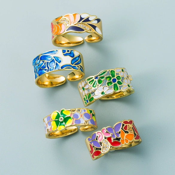 Punk Style Geometric Open Ring With Gold Plated Copper Blue And White Porcelain Pattern And Zircon Detail Adjustable Unisex Jewelry
