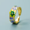 Punk Style Geometric Open Ring With Gold Plated Copper Blue And White Porcelain Pattern And Zircon Detail Adjustable Unisex Jewelry