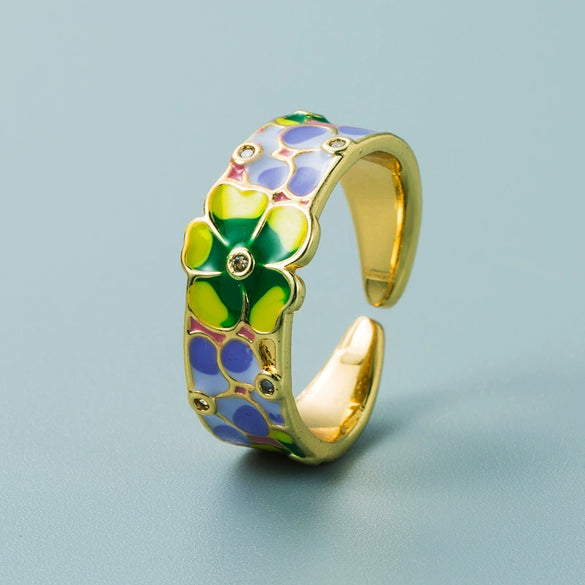 Punk Style Geometric Open Ring With Gold Plated Copper Blue And White Porcelain Pattern And Zircon Detail Adjustable Unisex Jewelry