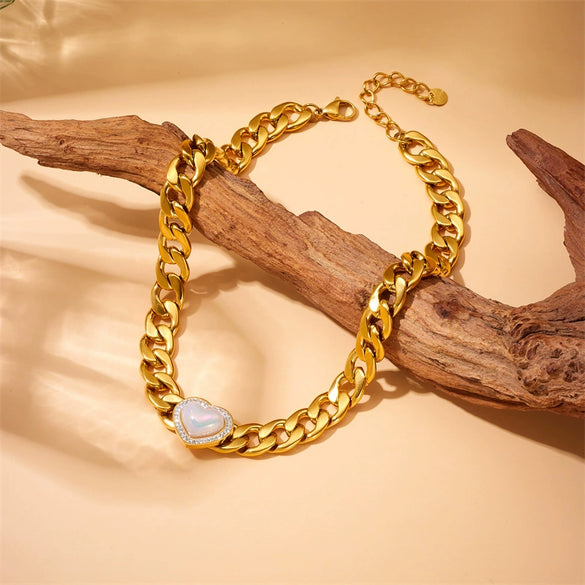 Punk Style Gold Plated Stainless Steel Chain Necklace With Diamond Pearl Love Design
