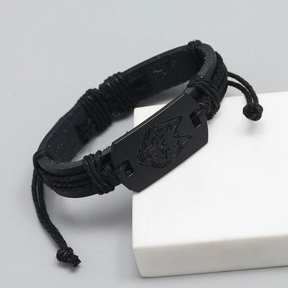 Punk Style Men'S Leather Bracelet Black Wolf Head Multi-Layer Braided Bracelet