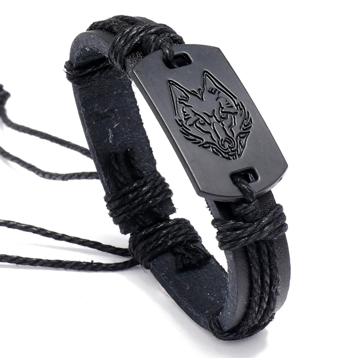 Punk Style Men'S Leather Bracelet Black Wolf Head Multi-Layer Braided Bracelet