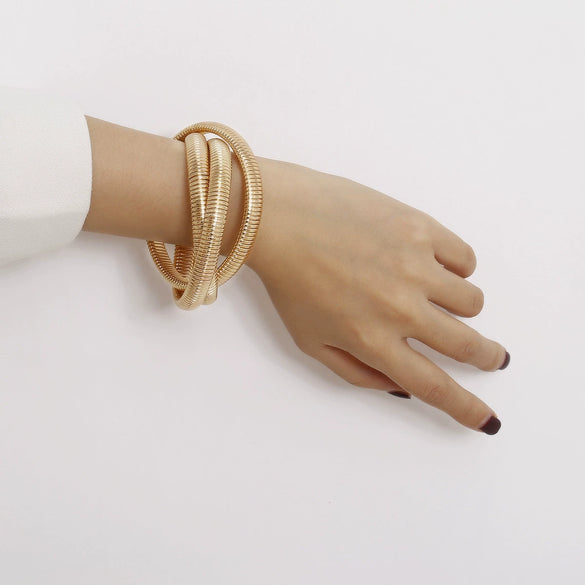 Punk Style Metal Threelayer Stacking Geometric Crossfold Chain Bracelet For Women With Electroplating