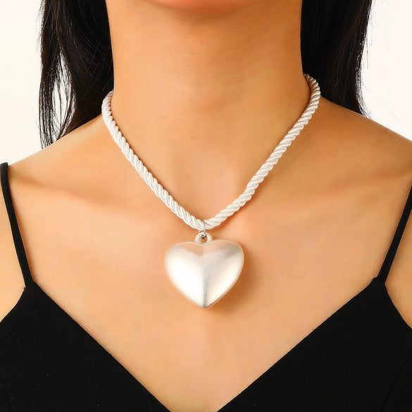Punk Style Necklace With Big Round Beads And Heart Shaped Pendant Ccb Material Ball Chain Electroplating Treatment