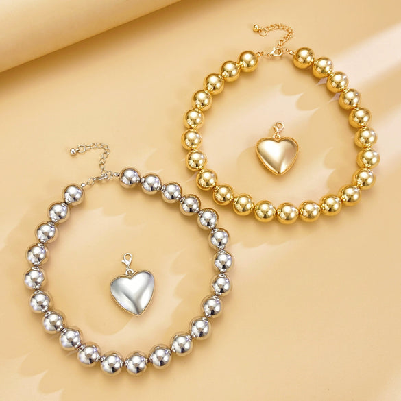 Punk Style Necklace With Big Round Beads And Heart Shaped Pendant Ccb Material Ball Chain Electroplating Treatment