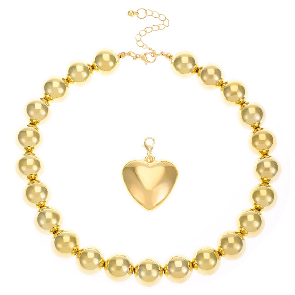 Punk Style Necklace With Big Round Beads And Heart Shaped Pendant Ccb Material Ball Chain Electroplating Treatment