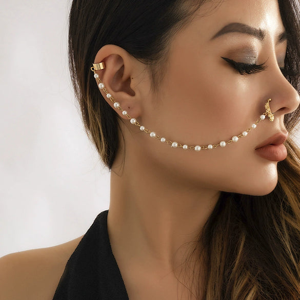 Punk Style Piercing Jewelry Imitation Pearl Butterfly Tassel Chain Earrings And Nose Clips For Women Iron Copper Electroplating Animals Zodiac