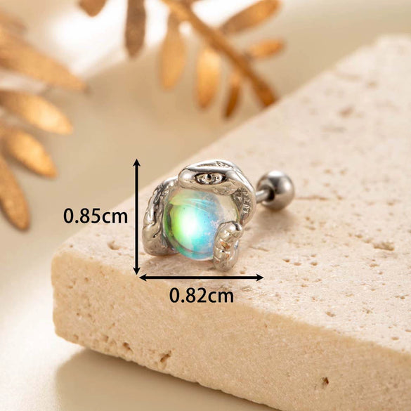 Punk Style Snake Animals Metal Inlay Moonstone Cartilage Earrings Titanium Steel Screw Rod