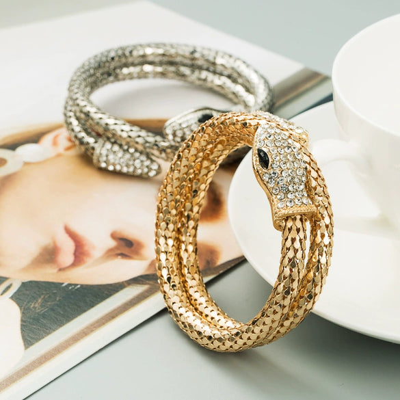 Punk Style Snake Wrap Bracelet Alloy Rhinestone Diamond Accent Unisex Jewelry For Men And Women