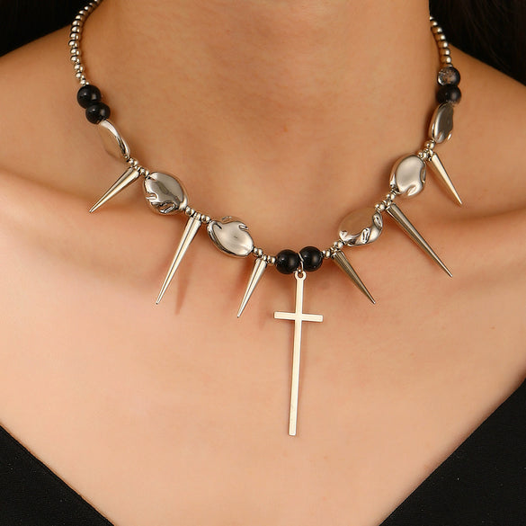 Punk Style Stainless Steel And Alloy Rivet Cross Handmade Clavicle Chain Necklace For Men And Women
