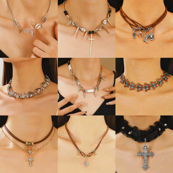 Punk Style Stainless Steel And Alloy Rivet Cross Handmade Clavicle Chain Necklace For Men And Women