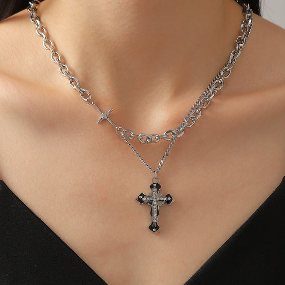 Punk Style Stainless Steel And Alloy Rivet Cross Handmade Clavicle Chain Necklace For Men And Women