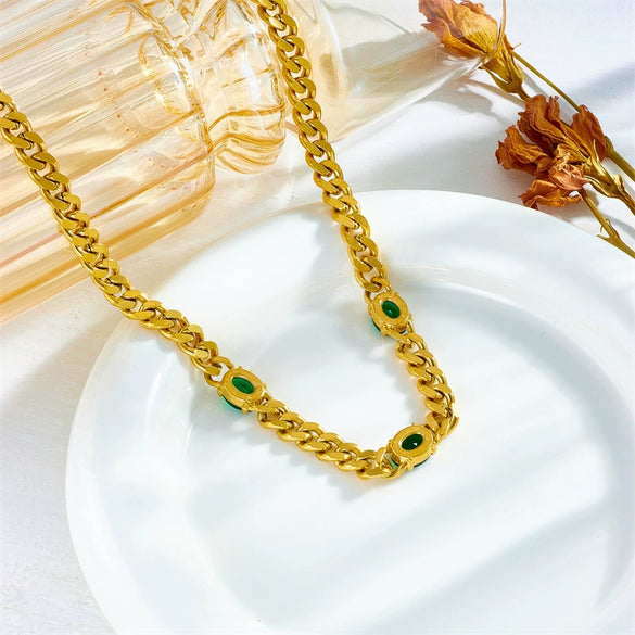 Punk Style Titanium Steel Necklace With Diamondembedded Emerald And Thick Chain