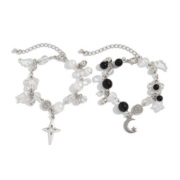 Punk Sweet Cool Style Hollow Fivepointed Star And Heart Shape Flower Pendant Bracelet For Women Imitation Pearls Electroplated