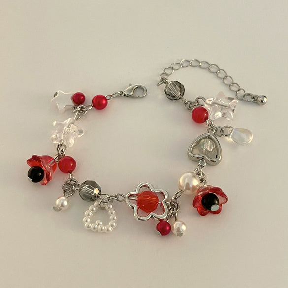 Punk Sweet Cool Style Hollow Fivepointed Star And Heart Shape Flower Pendant Bracelet For Women Imitation Pearls Electroplated