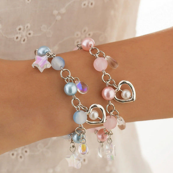 Punk Sweet Cool Style Hollow Fivepointed Star And Heart Shape Flower Pendant Bracelet For Women Imitation Pearls Electroplated
