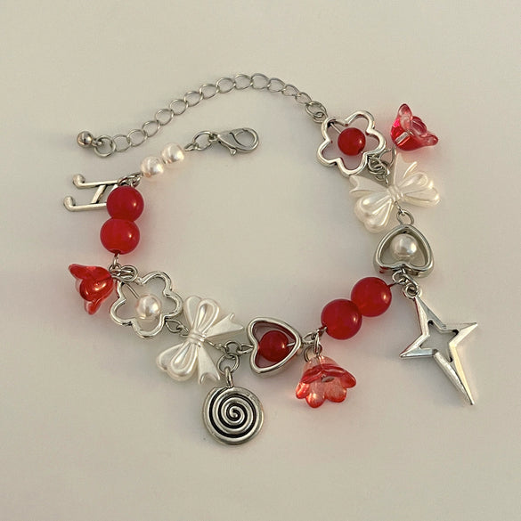 Punk Sweet Cool Style Hollow Fivepointed Star And Heart Shape Flower Pendant Bracelet For Women Imitation Pearls Electroplated