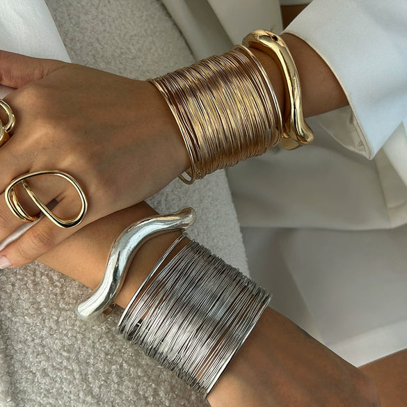 Punk Wrapped Metal Brushed Open Irregular Bracelet For Women With Electroplating Treatment