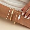 Punkinspired Polished Metal Open Cuff Bracelet Set With Faux Pearl Chain And Layered Geometric Design