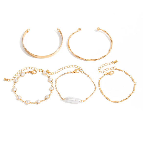 Punkinspired Polished Metal Open Cuff Bracelet Set With Faux Pearl Chain And Layered Geometric Design
