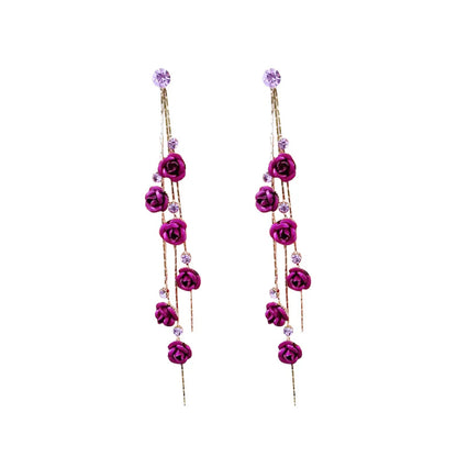 Purple Diamond Rose Long Earrings