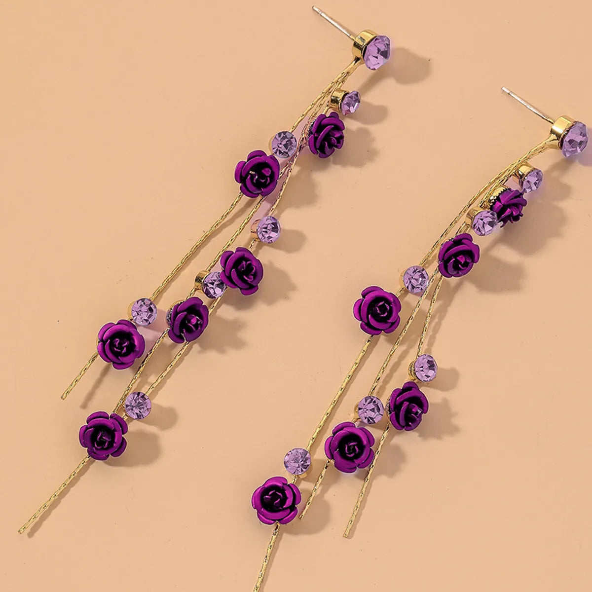 Purple Diamond Rose Long Earrings