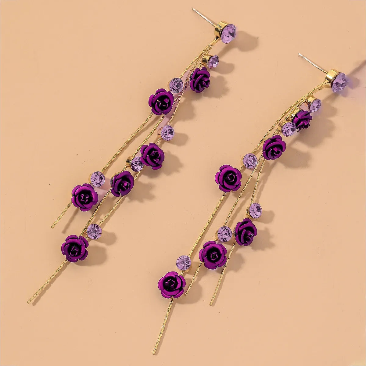 Purple Diamond Rose Long Earrings