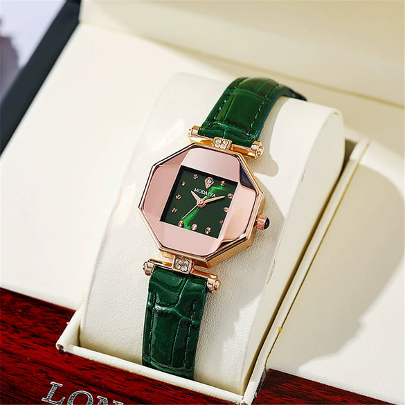 Quartz Watch Alloy Case Imitation Leather Strap Rhombus Round Dial Casual Style For Women