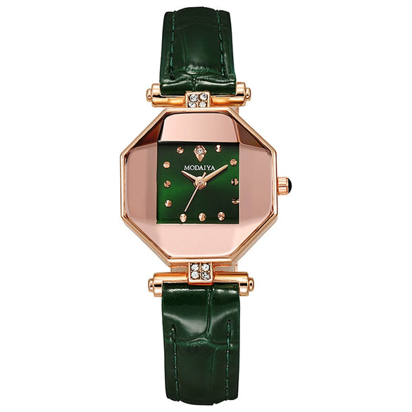 Quartz Watch Alloy Case Imitation Leather Strap Rhombus Round Dial Casual Style For Women