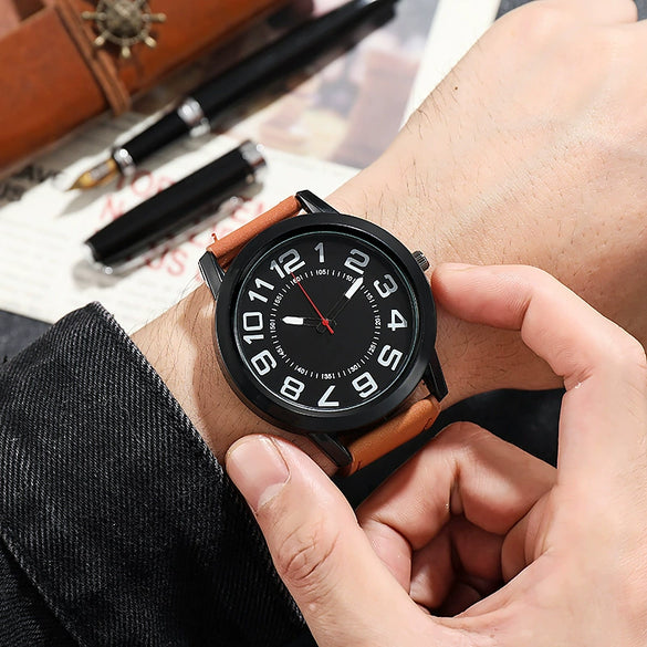 Quartz Watch Alloy Case Imitation Leather Strap Round Dial Leisure Style Men's Watch
