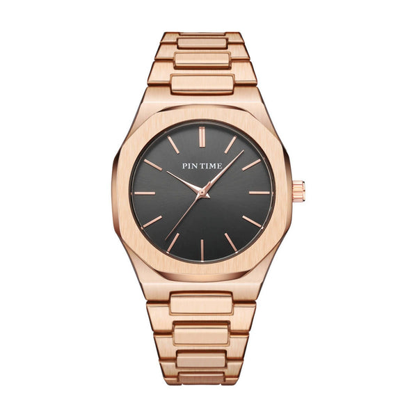 Quartz Watch Alloy Steel Belt With Sun Pattern Round Dial Business Style Butterfly Buckle