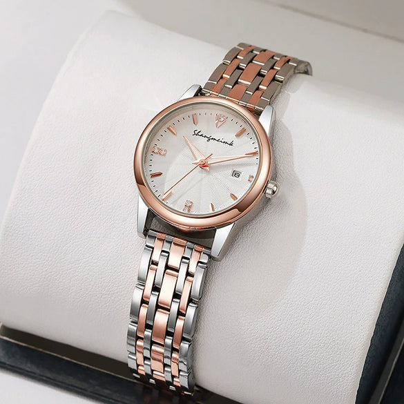 Quartz Watch For Female Students Waterproof Steel Strap Alloy Case Diamondencrusted Round Dial