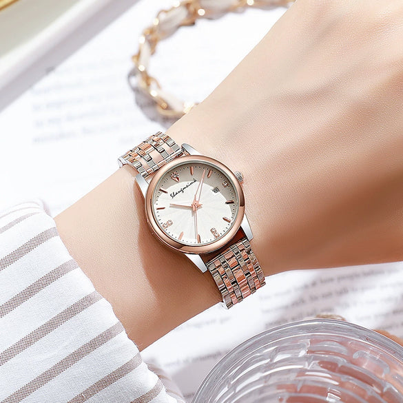 Quartz Watch For Female Students Waterproof Steel Strap Alloy Case Diamondencrusted Round Dial