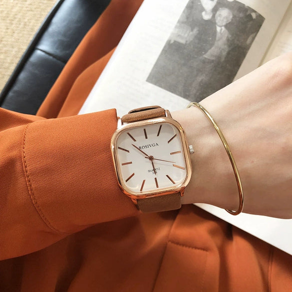 Quartz Watch Square Plastic Case Imitation Leather Strap Stainless Steel Clasp Leisure Style For Men And Women