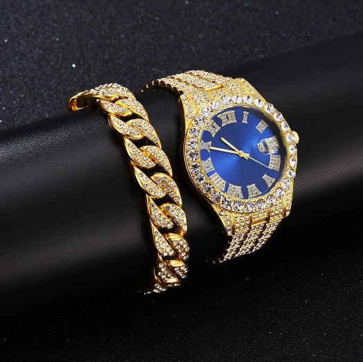 Quartz Watch With Steel Belt Full Diamond Sparkling Round Dial Metal Case Ordinary Glass Mirror Spiral Crown Universal Gender