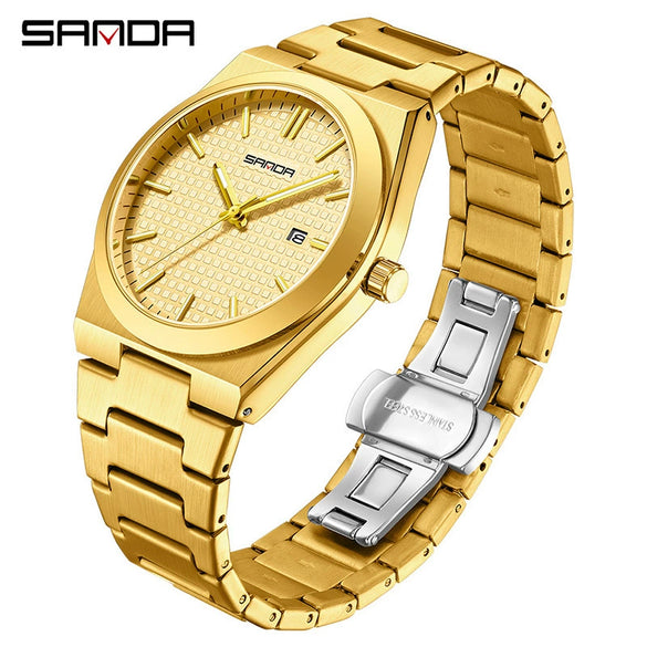 Quartz Watch Zinc Alloy Case Mineral Tempered Glass Mirror Round Dial Steel Strap Business Style Waterproof Luminous Men's Watch
