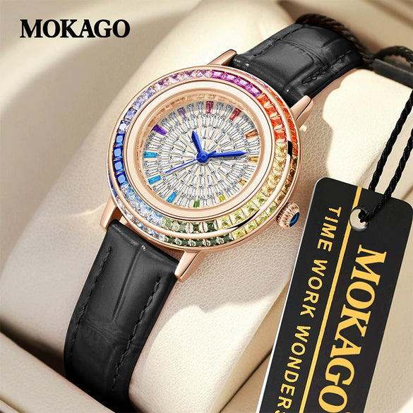 Quartz Women's Watch With Starry Sky Design Casual Light Luxury Diamondencrusted Copper Shell Doublesided Firstlayer Leather Belt Round Dial