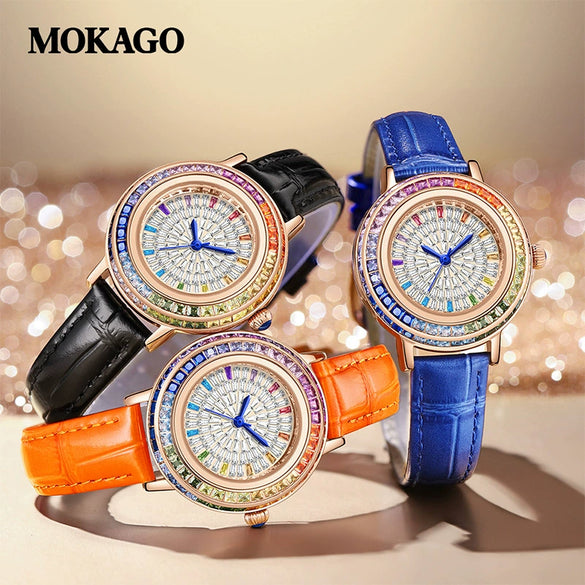 Quartz Women's Watch With Starry Sky Design Casual Light Luxury Diamondencrusted Copper Shell Doublesided Firstlayer Leather Belt Round Dial