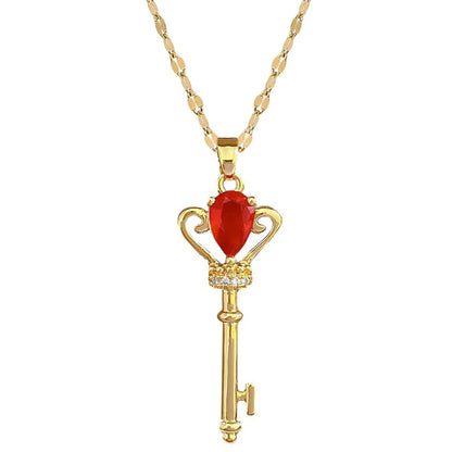 Queen Crown Key Stainless Steel Copper Inlay Zircon Pendant Necklace