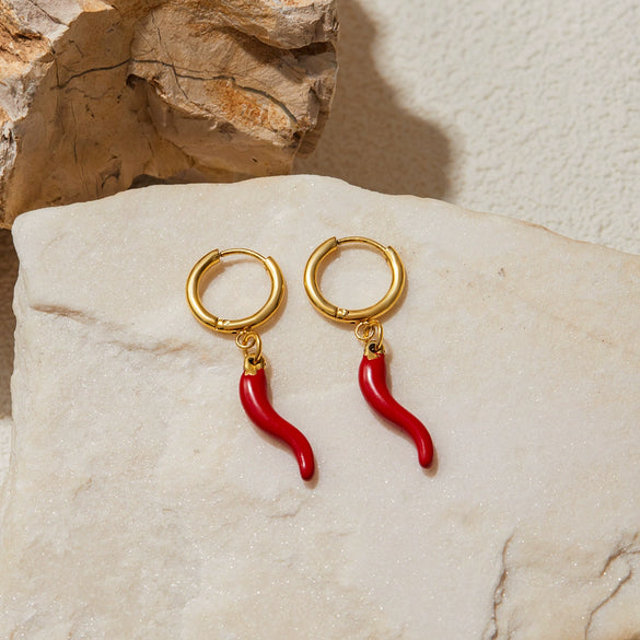 Quiet Elegant Resort Style Stainless Steel Red Oil Dripping Chili Pendant Earrings With Geometric Shape Electroplated