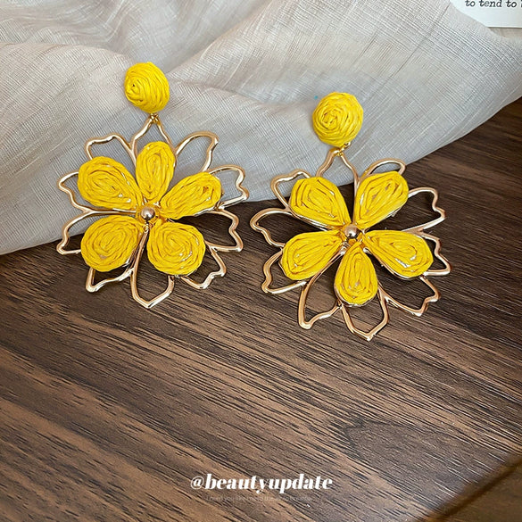 Raffia Flower Hand Knitted Alloy Earrings For Women With High End Sense